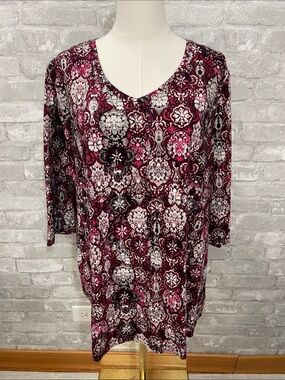 Catherines Burgundy and Pink Floral Medallion V-Neck Tunic